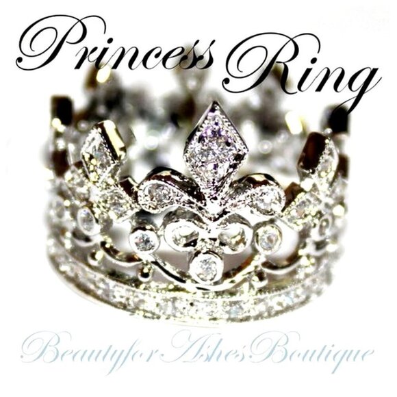Brass White Gold Pl Fleur de Lis Royalty Princess Clear CZ Crown of Life Ring 8 - Picture 1 of 7
